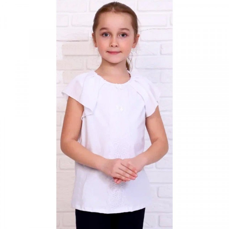 Джемпер для девочки трикотажный (Ликру) короткий рукав цвет белый арт.0222 ОРХИДЕЯ размерный ряд 32/128-42/164