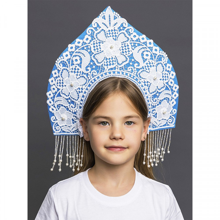 Кокошник детский "Снегурочка Кружевница" сине-голубой б/р арт.3046 к24