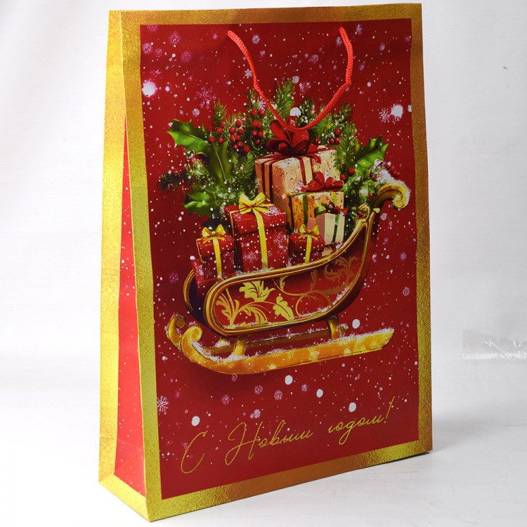 Пакет подароч. бумаж. 33*45,7см "Сани с подарками" цв.красный арт.95783FE