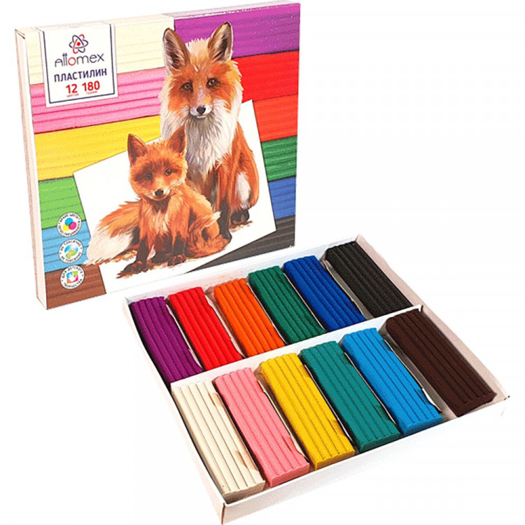 Пластилин 12 цветов 180 грамм (Attomex) Классический картонная коробка арт 8042826