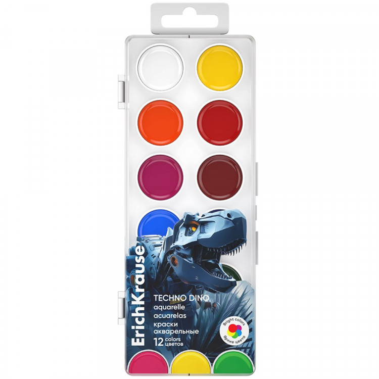 Акварель 12 цветов (ErichKrause) Techno Dino пластиковая коробка без кисти арт 65411 Акварель 12 цветов (ErichKrause) Techno Dino пластиковая коробка без кисти арт 65411