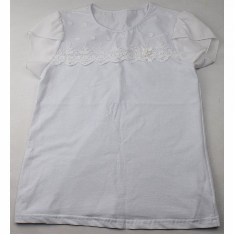 Джемпер для девочки трикотажный (Ликру) короткий рукав цвет белый арт.0232 МИМОЗА размерный ряд 32/128-42/164 Джемпер для девочки трикотажный (Ликру) короткий рукав цвет белый арт.0232 МИМОЗА размерный ряд 32/128-42/164