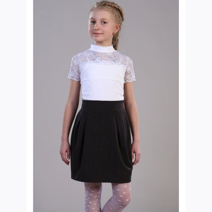 Джемпер для девочки трикотажный (Ликру) короткий рукав цвет белый арт.7052 КАМЕЛИЯ размерный ряд 36/146-42/164