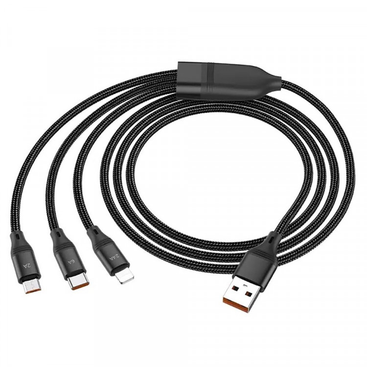 Кабель USB 4 в 1 HOCO U104 3-in-1 Ultra 6A (iP+Micro+Type-C), 1м, черный Кабель USB 4 в 1 HOCO U104 3-in-1 Ultra 6A (iP+Micro+Type-C), 1м, черный