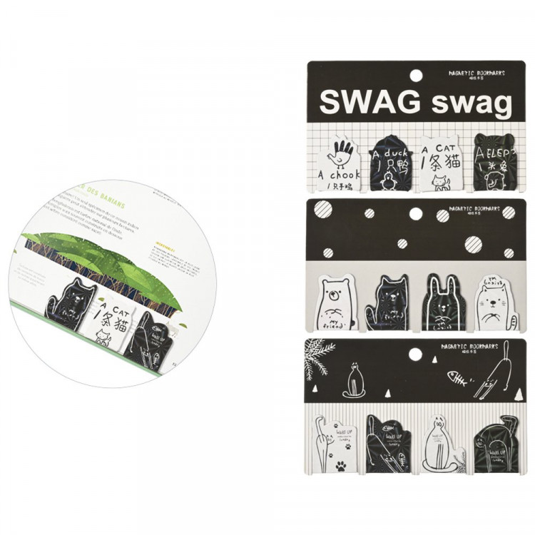 Закладка-магнит (Mazari) Коты черно-белые 4 штуки 4х3см ассорти арт.M-3384