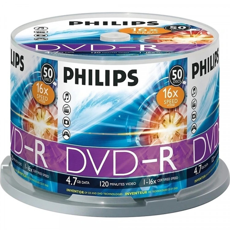 Диск DVD-R Philips 4.7 Gb, 16x, Cake Box 50шт/уп УПАКОВКА