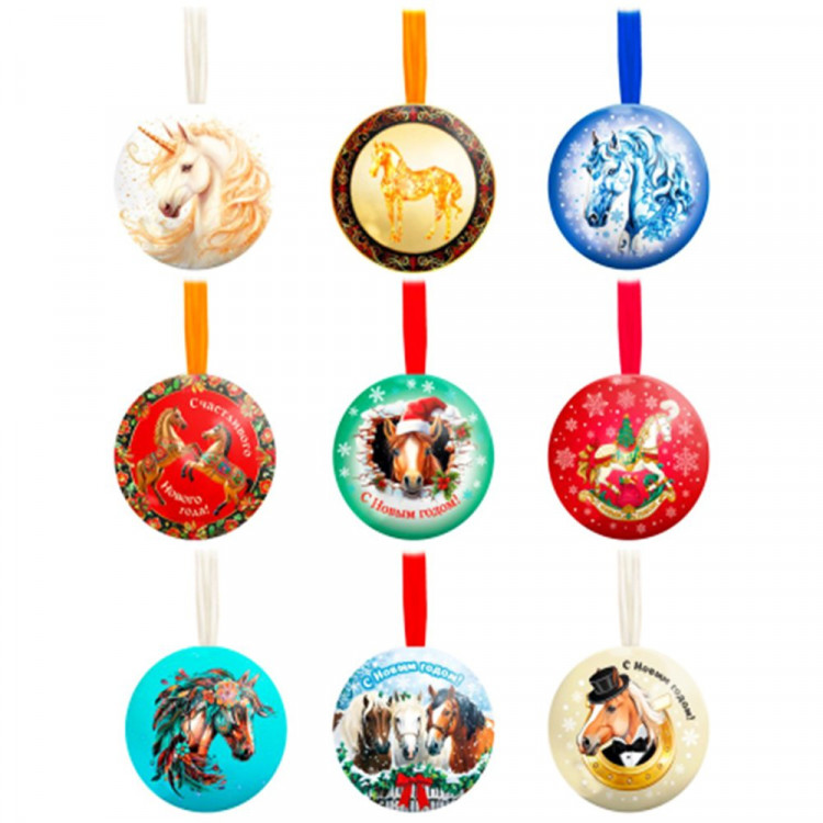 Шар-шкатулка металл 06,5см (серия Символ года) "Лошадка" с пожеланием внутри МИКС арт.95092