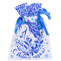 Мешок д/подарка с затяжной тесьмой 20*30см цв.белый/голубой арт.95082