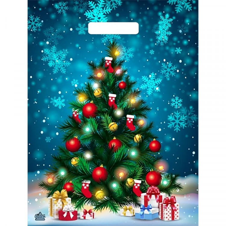 Пакет ПВД прорезная ручка 31*40+6см 60мкм НГ Яркая елочка