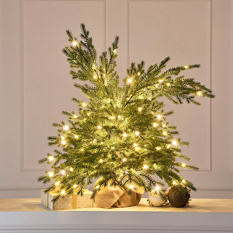 Елка настольная 90см (хвоя 100% литая, подставка пенёк+мешковина) "Шуша" с лампочками арт.ЕЗШЛ 09