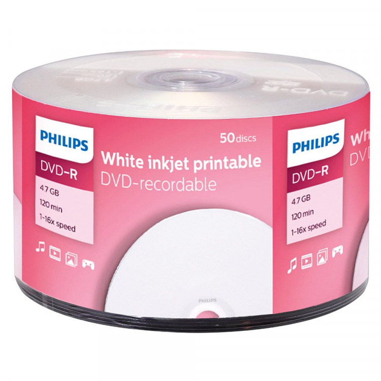 Диск DVD-R Philips 4.7 Gb, 16x, Bulk (50), Ink Printable + конверт, ШТУКА