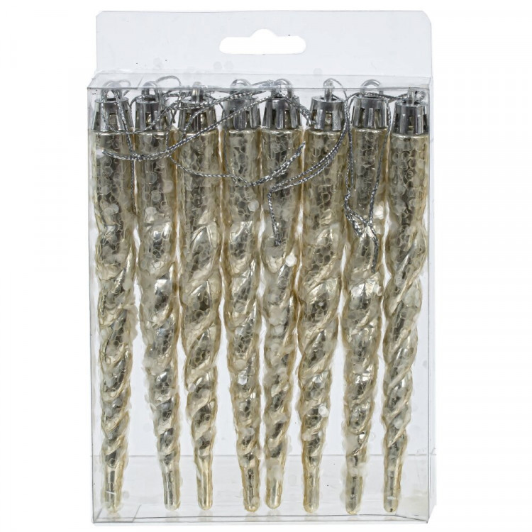 Украшение декор.подвеска пластик "Сосулька витая" 15см 08шт/наб. цв.серебро арт.807902