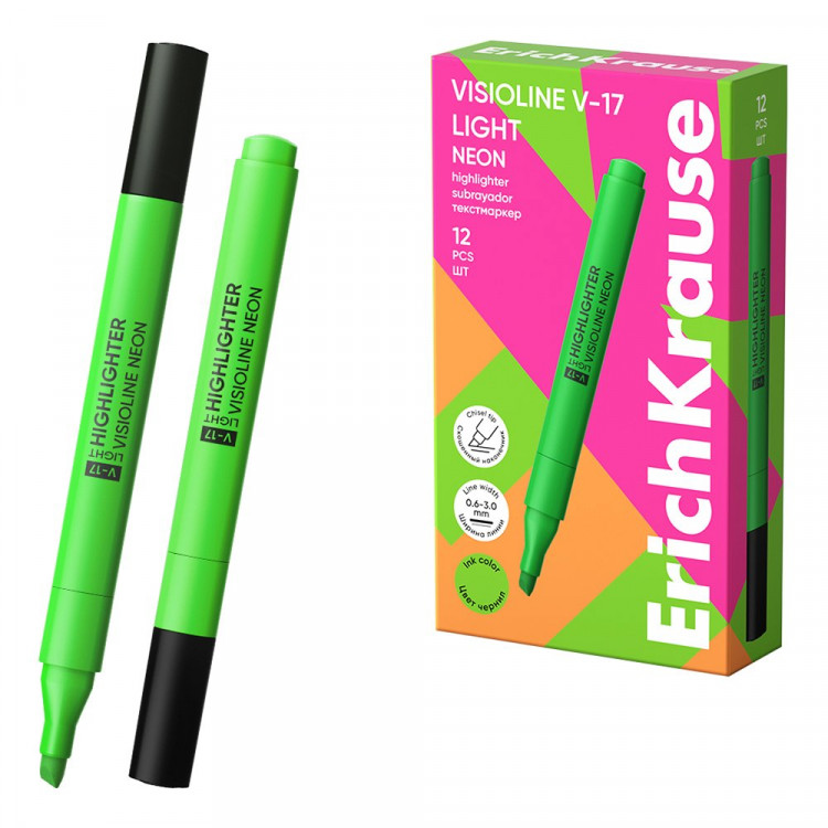 Маркер флуорисцентный ErichKrause Visioline V-17 light Neon 0,6-3мм скошенный зеленый арт.63557 (Ст.12)
