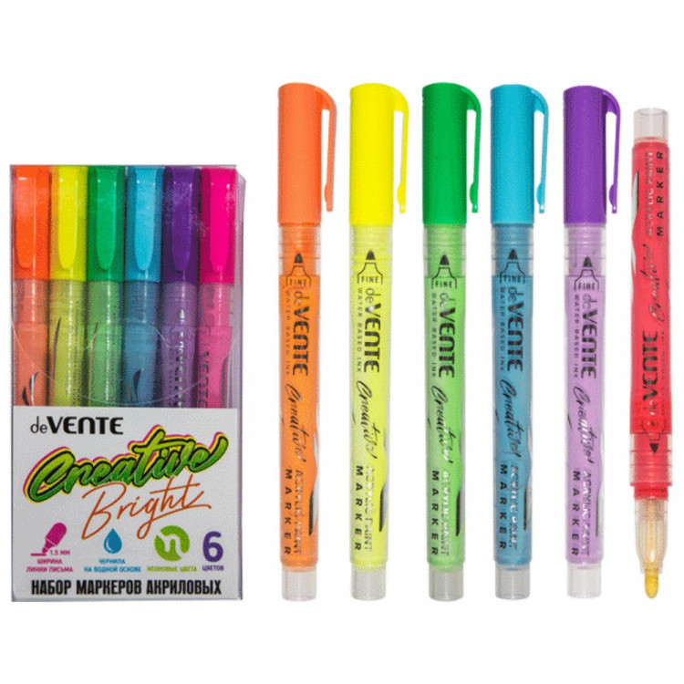Маркеры для скетчинга акриловые (deVENTE) HOBBY CREATIVE Bright 6 цветов неоновые цвета пулевидный наконечник пластиковая упаковка арт 5044303