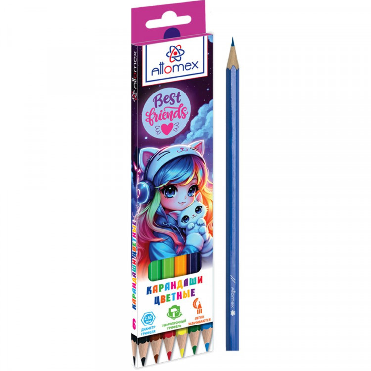 Карандаши цветные (Attomex) Best Friends 6 цветов 2М 2,65 мм шестигранные арт.5021615