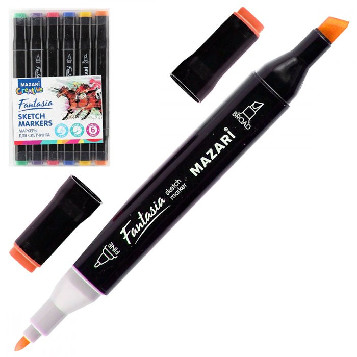 Маркеры для скетчинга двусторонние (Mazari) Fantasia Main 06 цветов пулевидные /клиновидные наконечники, ПВХ- упаковка арт M-15013-6 Маркеры для скетчинга двусторонние (Mazari) Fantasia Main 06 цветов пулевидные /клиновидные наконечники, ПВХ- упаковка арт M-15013-6