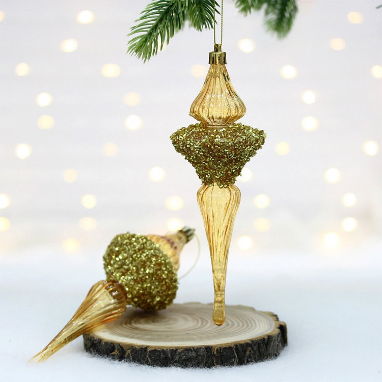 Украшение декор.подвеска пластик "Сосулька. Сияние" 19,5см 02шт/наб. цв.золото арт.107-6144