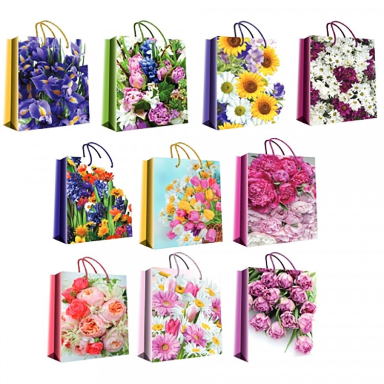 Пакет бумажный с ручкой "Цветы ассорти" 26*32+10см арт.ПБР10530