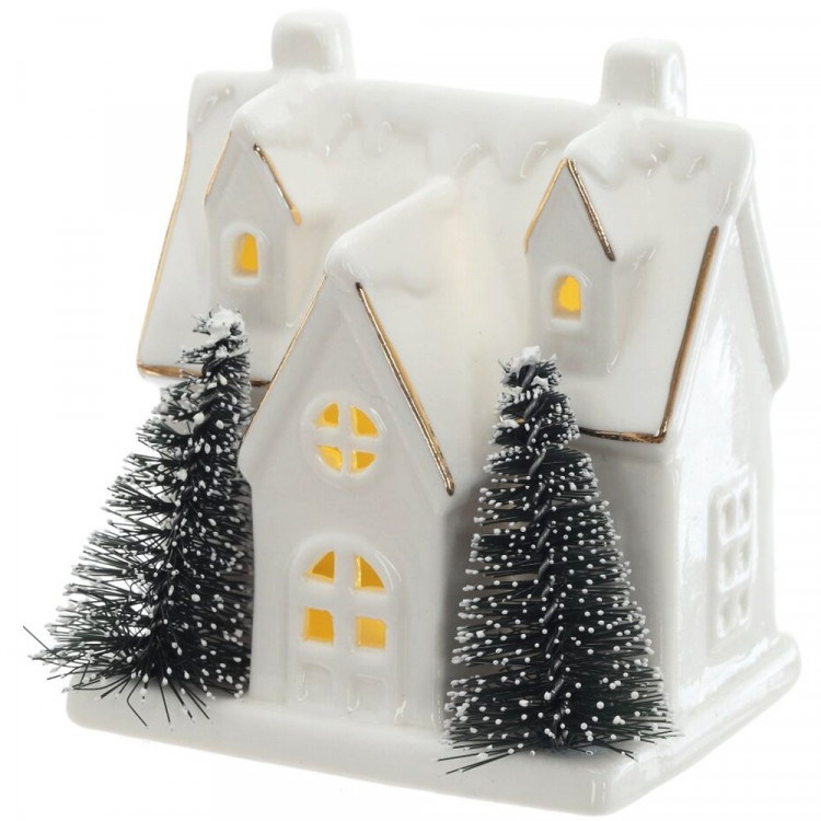 Статуэтка декоративная "Домик с ёлками" 09см с подсветкой арт.823282 Статуэтка декоративная "Домик с ёлками" 09см с подсветкой арт.823282