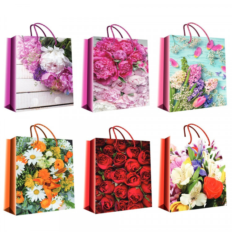 Пакет бумажный с ручкой "Цветы ассорти" 32*45+11см арт.ПБР07630