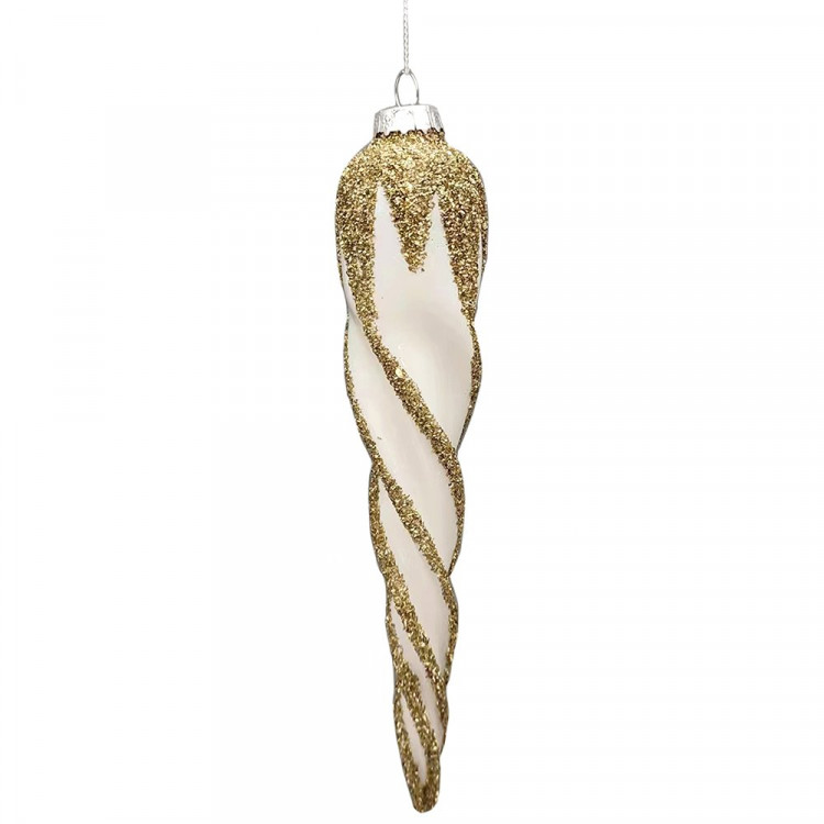 Украшение декор.подвесное стекло "Сосулька" 20см цв.белый/золото арт.92615
