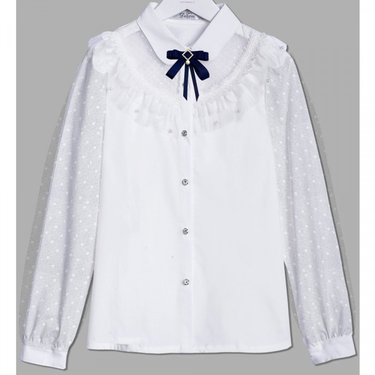 Блузка для девочки (Делорас) длинный рукав цвет белый +галстук 1450 арт.64032C размерный ряд 30/122-40/152