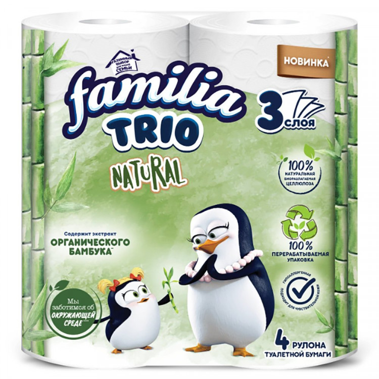 Бумага туалетная 3-сл втулка 4рул/уп 16,7м белая Familia Trio Natural