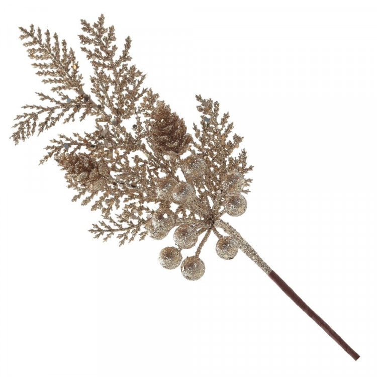 Украшение декоративное "Ветка. Хвоя. ягоды. шишки" 31см золото арт.793457