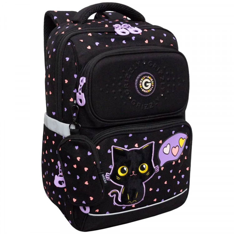 Рюкзак для девочек школьный (Grizzly) арт.RAn-588-3/1 черный 27,5х39х15 см с чехлом для мелочей