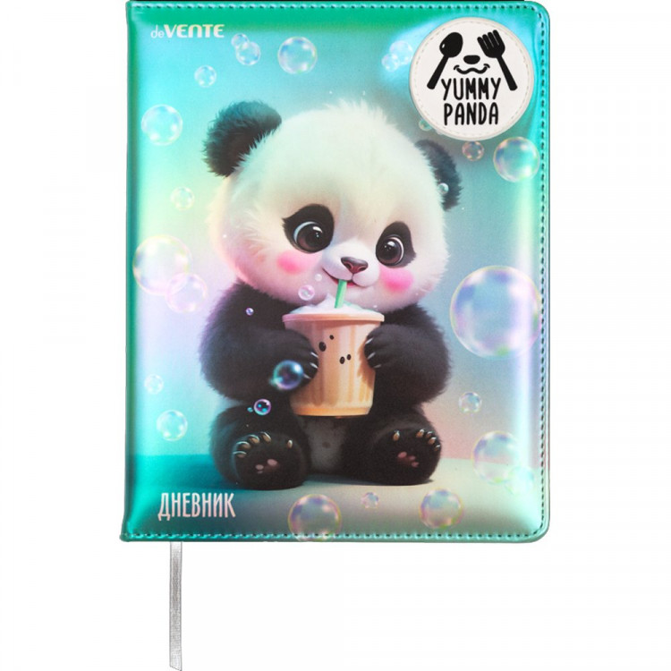 Дневник школьный твердая обложка кожзам (deVENTE) Yummy Panda аппликация rubber patch, отстрочка, ляссе арт.2020534