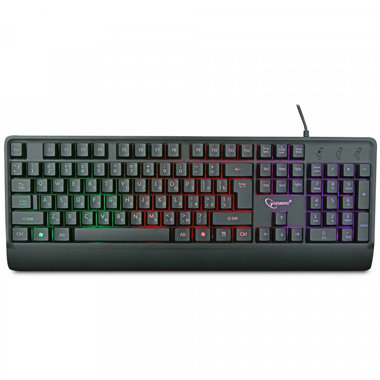 Клавиатура провод. Gembird KB-220L (USB,черный,104 клавиши,подсветка Rainbow,кабель1.5м,водооттал.поверхность)