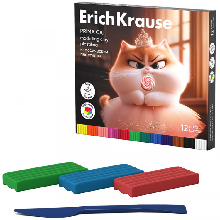 Пластилин 12 цветов 192 грамма (ErichKrause) Prima Cat со стеком картонная коробка арт 65197