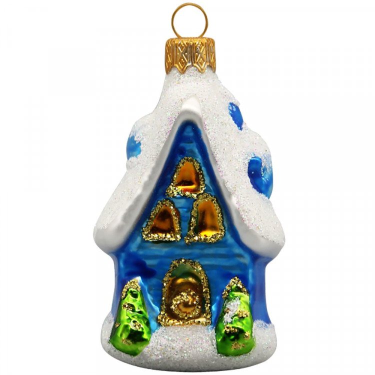 Украшение на ёлку стекло 09см "Домик с ёлочками" голубой п/у арт.ФУ-411/2
