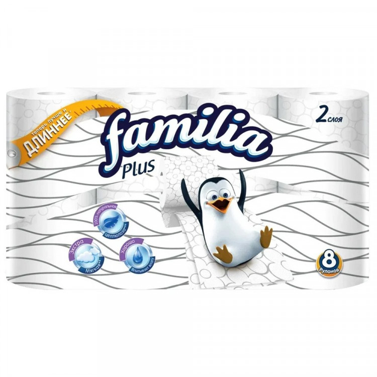 Бумага туалетная 2-сл втулка 8рул/уп 18м белая Familia Plus (Ст.6) Бумага туалетная 2-сл втулка 8рул/уп 18м белая Familia Plus (Ст.6)