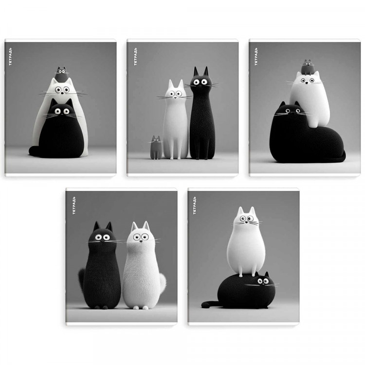 Тетрадь А5 клетка 48 листов скоба (Феникс) Черно-белые коты выборочный УФ-лак ассорти арт.70930