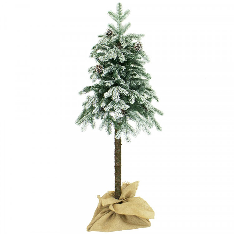 Елка 150см "Скарлет" на ножке (хвоя литая+ПВХ, ветки заснеж, подставка пенек+мешковина) арт.1040215