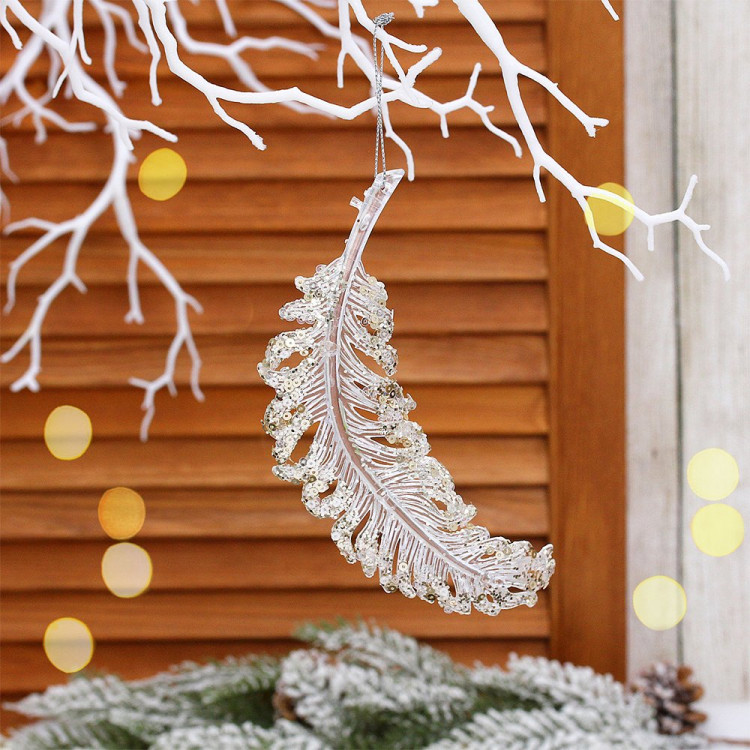 Украшение декор.подвеска пластик (Серия ледяная) "Перо желаний" 15см золотой блеск арт.916-0983