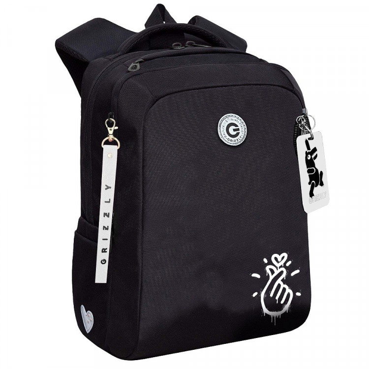 Рюкзак для девочек школьный (Grizzly) арт.RG-666-2/1 чёрный 26х39х17 см