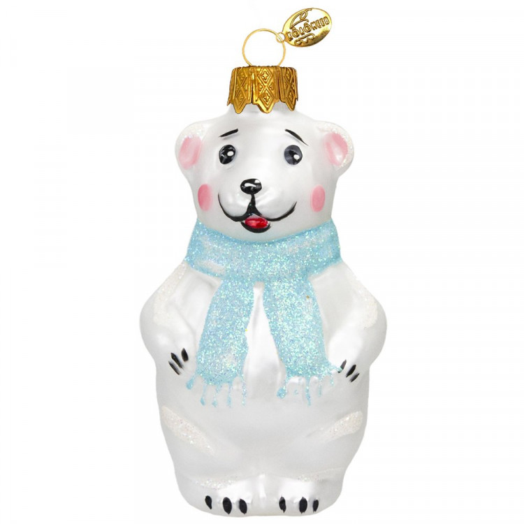 Украшение на ёлку стекло 09см "Мишутка в шарфе" голубой п/у арт.ФУ-739/1/4