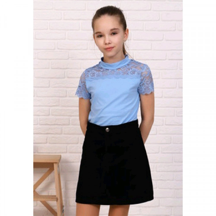 Джемпер для девочки трикотажный (Ликру) короткий рукав цвет голубой арт.7052 КАМЕЛИЯ размерный ряд 36/146-42/164