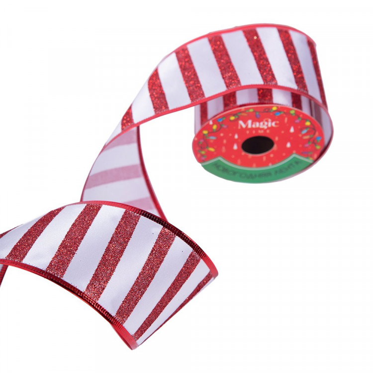 Лента новогодняя полиэстер на леске 6,3*270см "Полоса" цв. Белый/красный арт.90819