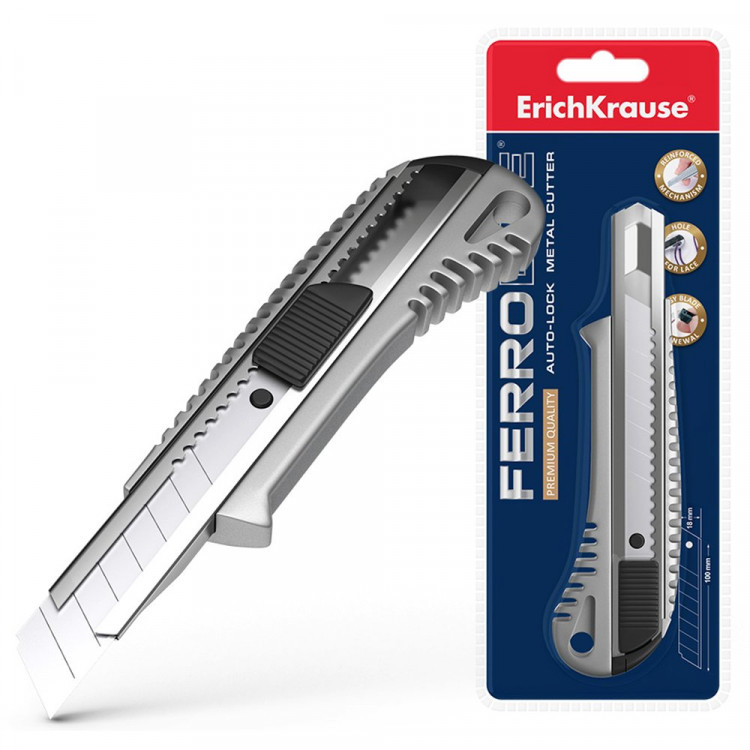 Нож канцелярский 18мм ErichKrause auto-lock металлический арт.19158 (Ст.12/96) Нож канцелярский 18мм ErichKrause auto-lock металлический арт.19158 (Ст.12/96)