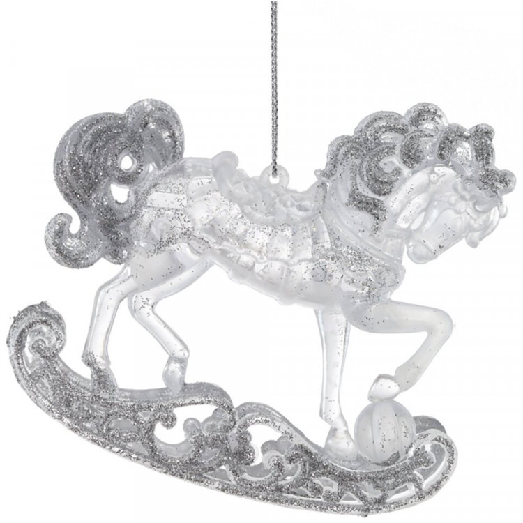 Украшение декор.подвеска пластик (Серия ледяная) "Лошадка" 10см с блёстками  арт.823773
