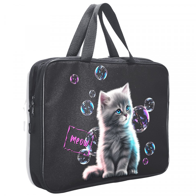 Папка А4 текстиль на молнии ручка-тесьма (Stavia) Котенок с мыльными пузырями мультиколор арт.89288