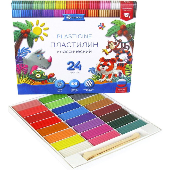 Пластилин 24 цветов 480 грамм (GLOBUS) классический арт ПЛ24-06К