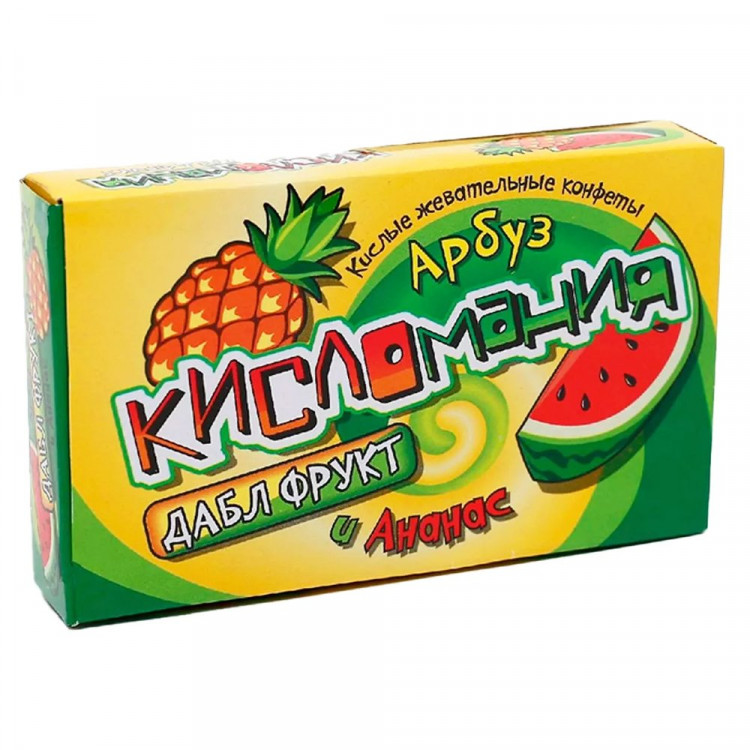 Жевательная конфета Кисломания 14гр дабл фрукт со вкусом арбуза и ананаса (Ст.30)