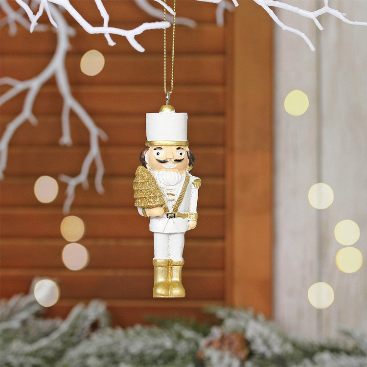Украшение декор.подвеска пластик "Солдатик Рождественский" 10см цв.белый/золото арт.916-1735