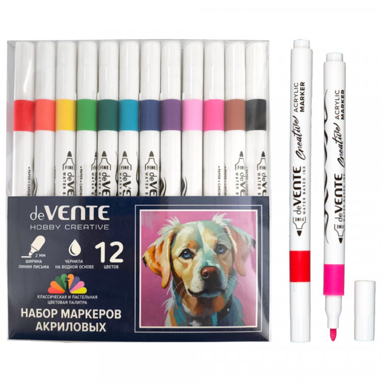 Маркеры акриловые deVENTE Классика и пастель (Classic&Pastel) 12 цветов пулевидный наконечник, ширина линии 2 мм, в пластиковой коробке