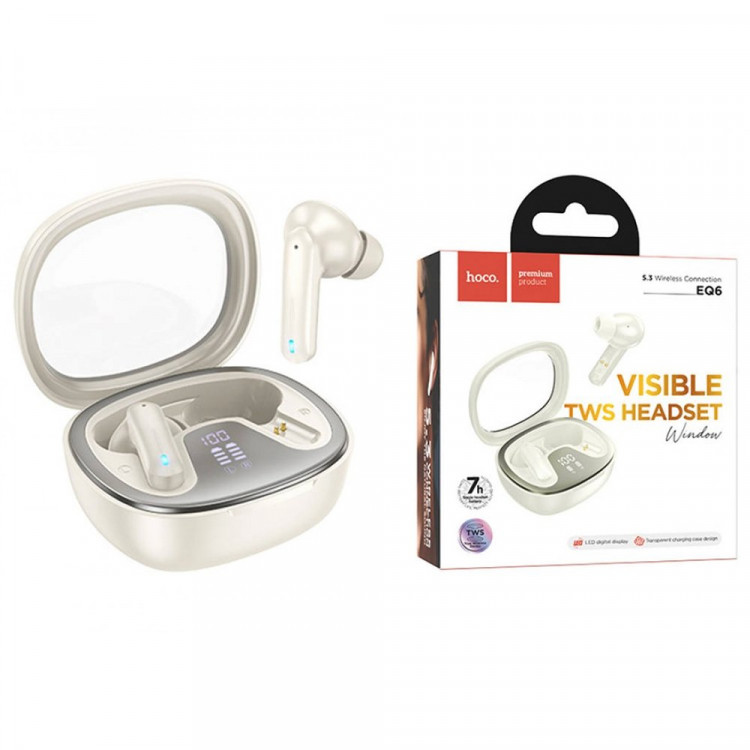 Наушники вакуумные беспров. HOCO EQ6 Shadow true wireless BT headset цв.молочный белый Наушники вакуумные беспров. HOCO EQ6 Shadow true wireless BT headset цв.молочный белый