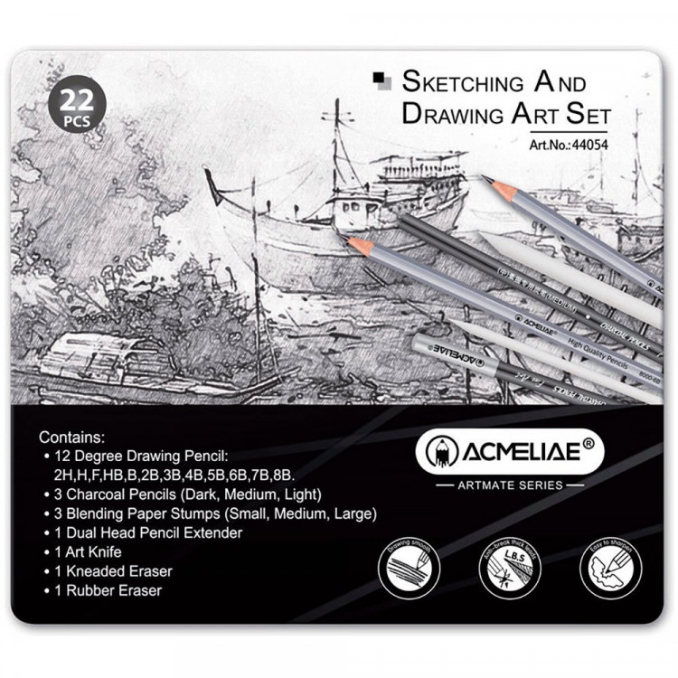 Набор для рисования и скетчинга ACMELIAE 22 предмета металлический футляр арт.44054